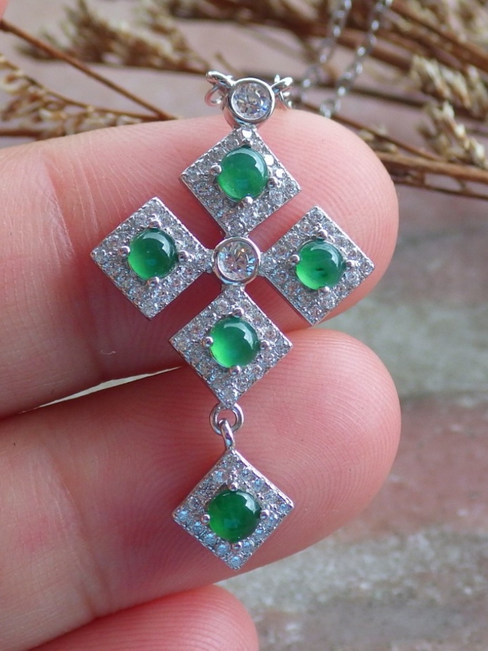 Certified Sterling Silver 925 Natural Jade Jadeite Cabochon Pendant Necklace